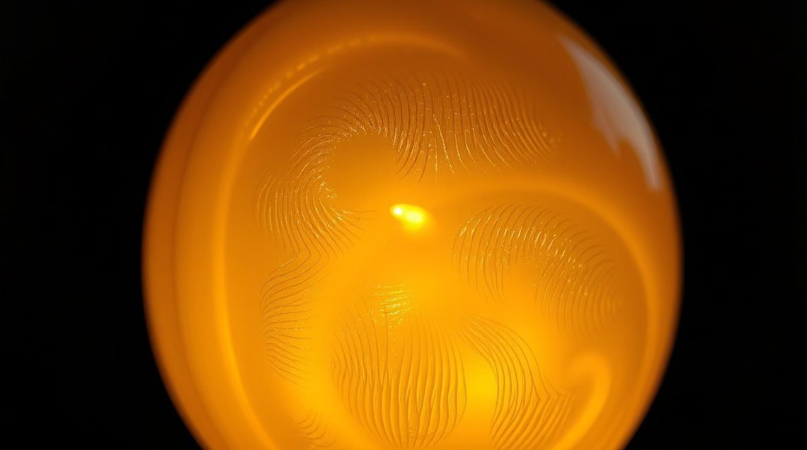 Gros plan d'une lampe en cire d'abeille éclairée de l'intérieur, montrant sa texture translucide, sur fond sombre flou.