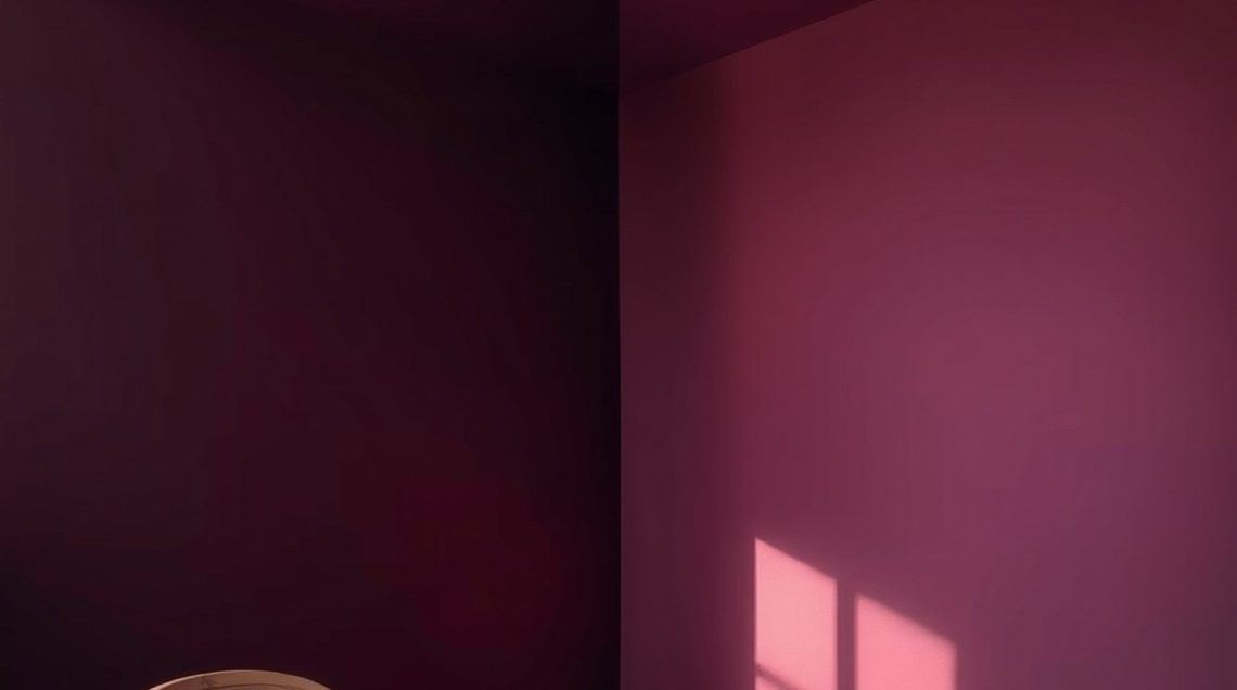 Coin de chambre entièrement peint en aubergine foncé uniforme, murs, plafond et plinthe du même ton mat