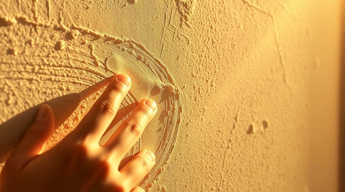 Main effleurant un mur à enduit crépi texturé en gros plan, lumière latérale rasante