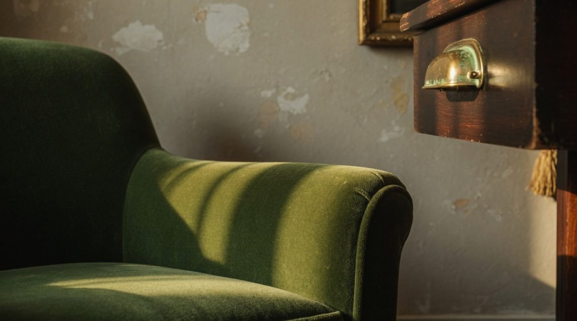 Gros plan : fauteuil velours vert foret et laiton patine sous lumiere rasante Gros plan : fauteuil velours vert forêt et laiton patiné sous lumière rasante