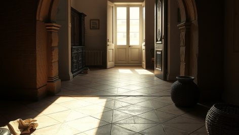 hero-24 Arche ouvrant sur enfilade de pièces en lumière blanche. Carreaux de ciment géométriques au sol, ombres latérales.