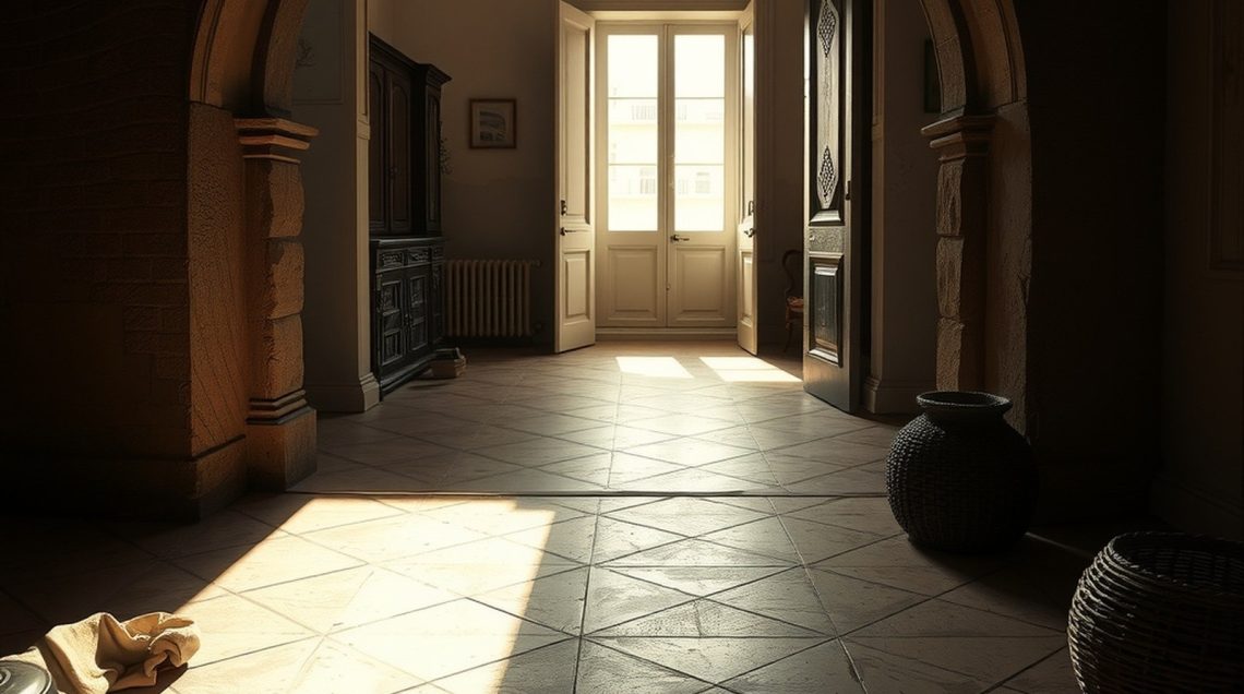 hero-24 Arche ouvrant sur enfilade de pièces en lumière blanche. Carreaux de ciment géométriques au sol, ombres latérales.