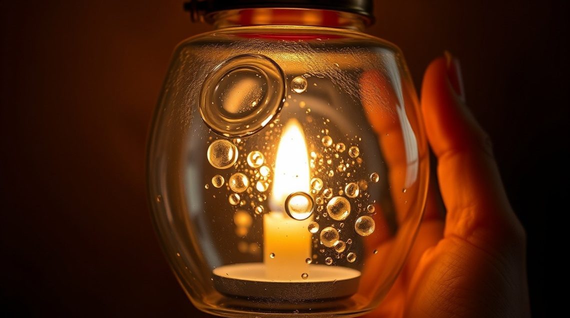 Main tenant une lanterne en verre avec bougie allumée, doigt posé sur le rebord, fond brun sombre, lumière chaude.