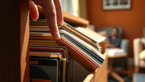 Main effleurant une pochette dans un meuble de rangement pour vinyles en bois avec panneau ouvert.