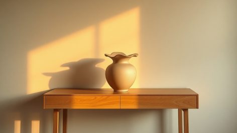 Vase en céramique bombée aux formes galbées, posé sur console bois clair, mur crème, lumière latérale rasante.
