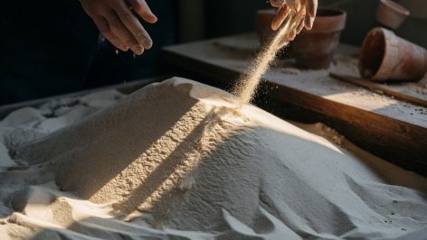 Flux de sable fin illuminé par rayon de lumière rasante en atelier sombre, mains floues aux bords du cadre.