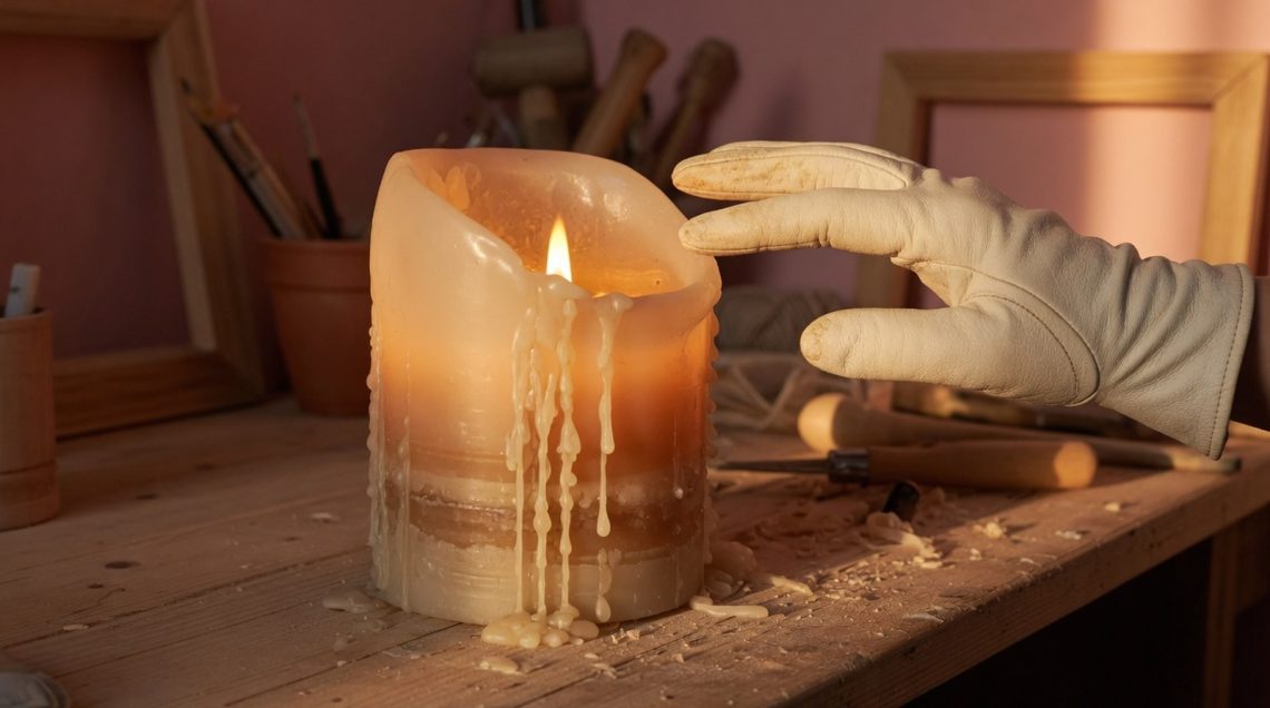 Main gantée effleurant une lampe en cire crème allumée, établi de bois, lumière dorée du coucher de soleil dans un atelier