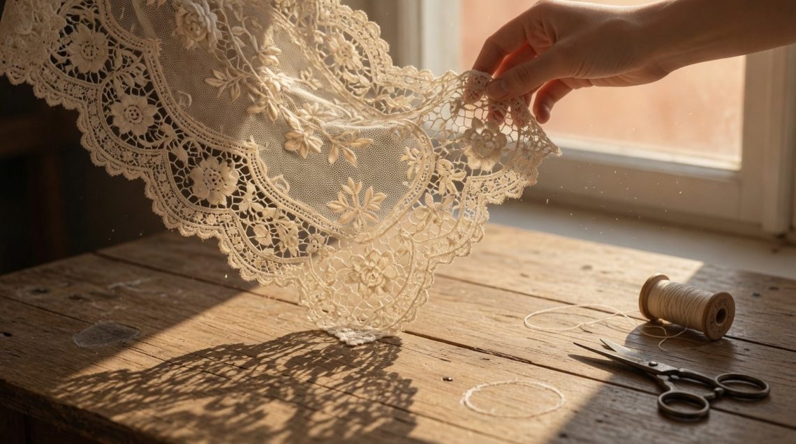 hero-4 Main levant une dentelle ancienne contre la lumière, ombres des motifs sur table en chêne brut.