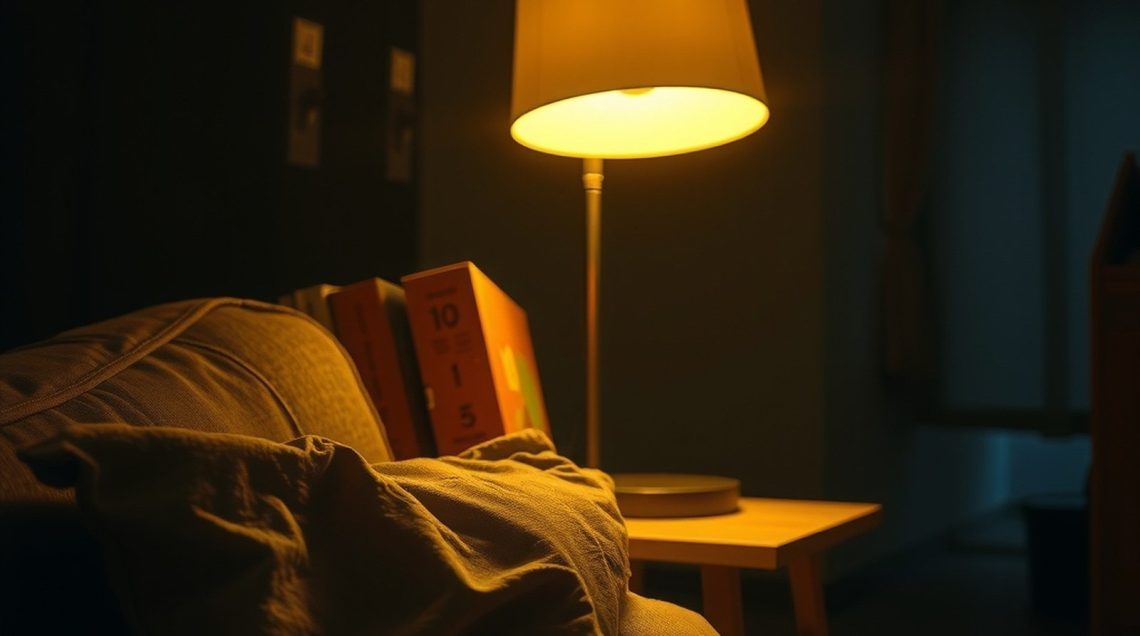 Lampe de table éclairant un coussin en lin et du bois clair d'une lueur dorée, le reste du salon en ombre.