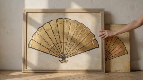 Tableau encadré aux motifs géométriques dorés appuyé contre un mur blanc texturé. Feuille d'or mate en finition plate.