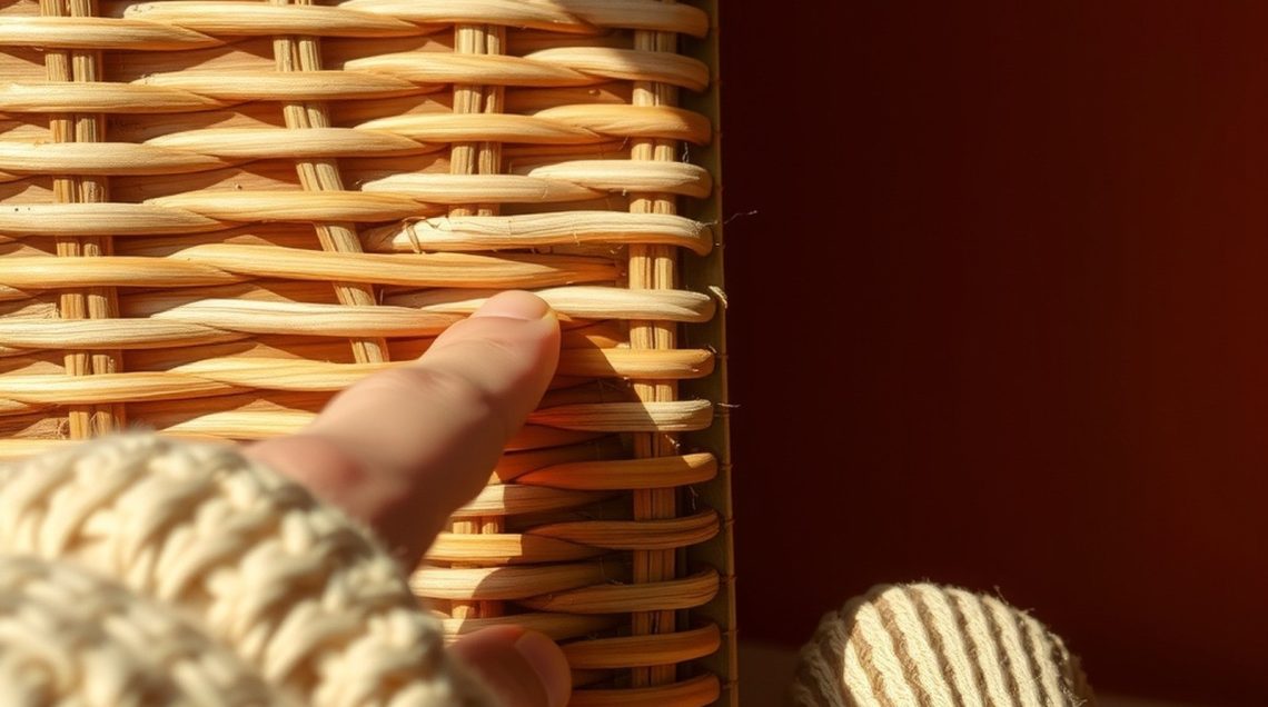 Détail d'un tressage de rotin naturel éclairé en lumière rasante, montrant les fibres individuelles et une main en pull