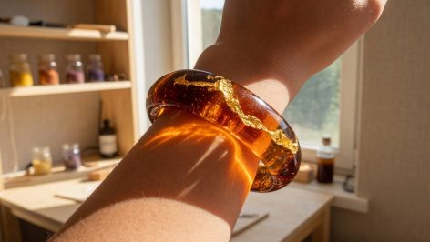 Gros plan d'un poignet levé contre une fenêtre d'atelier ensoleillée, portant un bracelet en résine ambre translucide contena