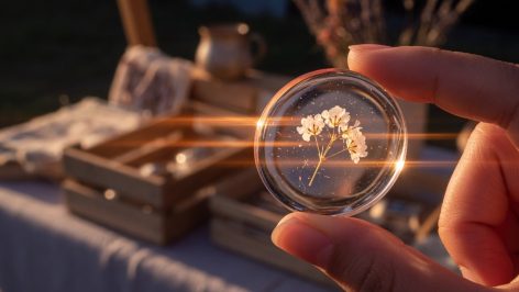 Main tenant un pendentif rond en résine avec fleur séchée blanche à l'intérieur, éclairage doré latéral mettant en lumière la