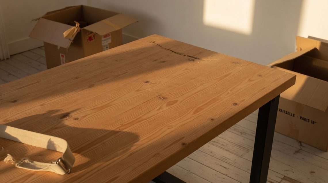 Bureau en bois brut avec grain visible, fissures et rayures, entouré de cartons de déménagement ouverts dans la lumière de fi
