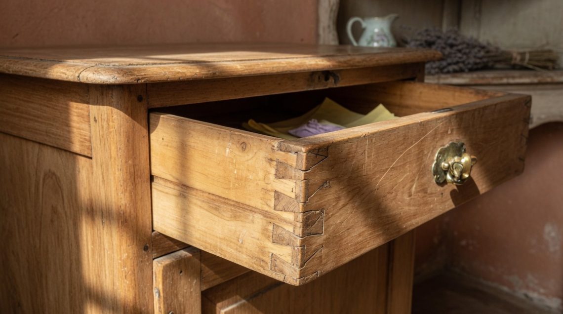 Gros plan du tiroir d'une coiffeuse ancienne, montrant l'assemblage à queue d'aronde et la patine dorée du bois.