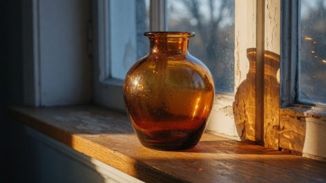 Vase en verre ambré aux formes arrondies sur rebord de fenêtre, illuminé par la lumière rasante d'octobre en dégradé caramel.