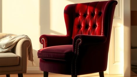 Fauteuil en velours bordeaux capitonné, éclairage doré d'une fenêtre latérale