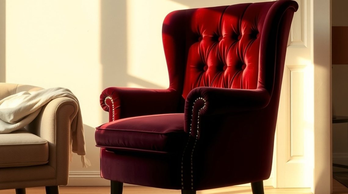 Fauteuil en velours bordeaux capitonné, éclairage doré d'une fenêtre latérale
